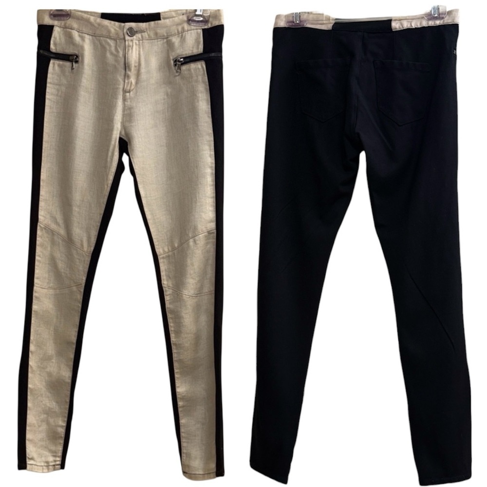 Blank NYC Contrasting Linen Inset Black & Cream Moto Jeans Sz 27